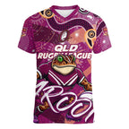 Personalized QLD Rugby League Women V-Neck T-Shirt Maroons Aboriginal Art