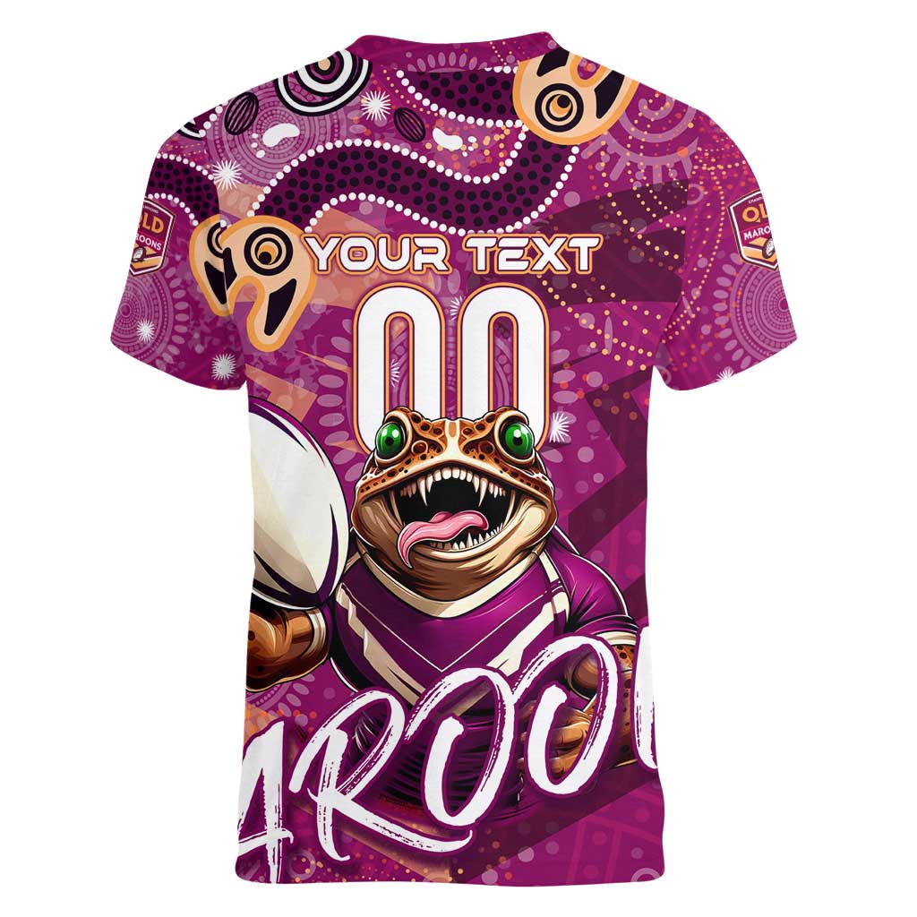 Personalized QLD Rugby League Women V-Neck T-Shirt Maroons Aboriginal Art