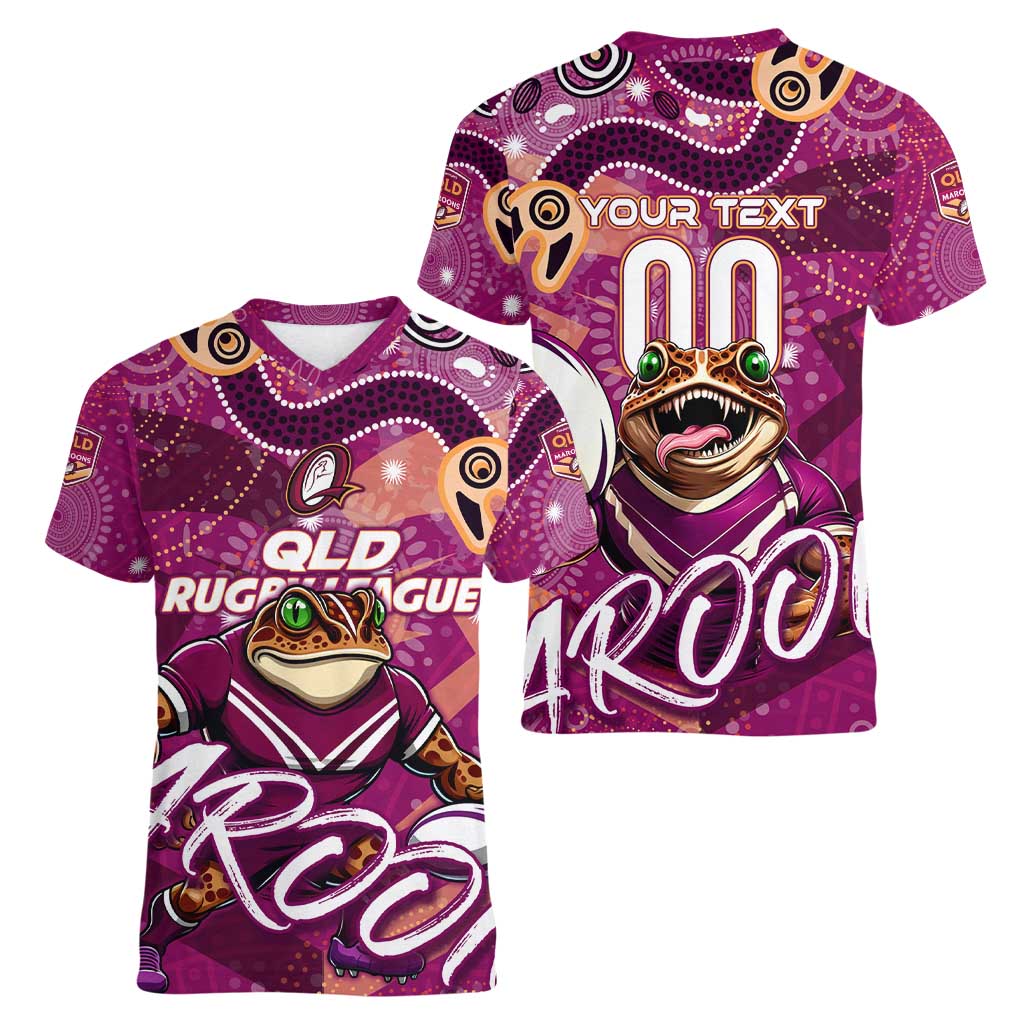 Personalized QLD Rugby League Women V-Neck T-Shirt Maroons Aboriginal Art