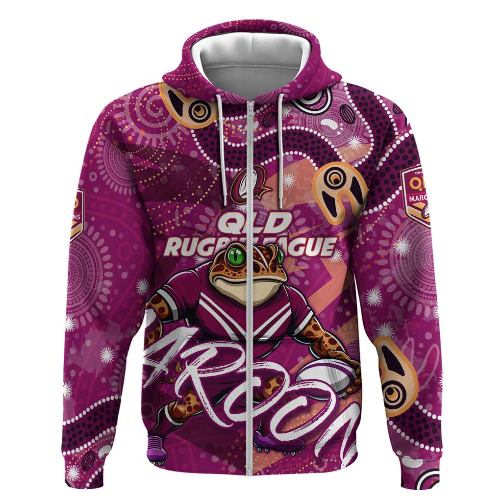 Personalized QLD Rugby League Zip Hoodie Maroons Aboriginal Art