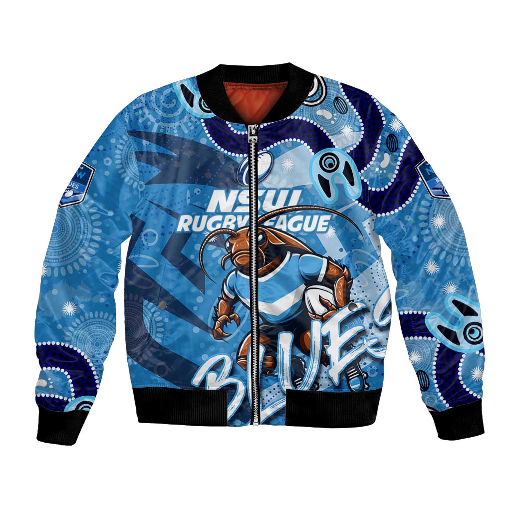 Personalized NSW Rugby League Bomber Jacket Blues Mascot Indigenous
