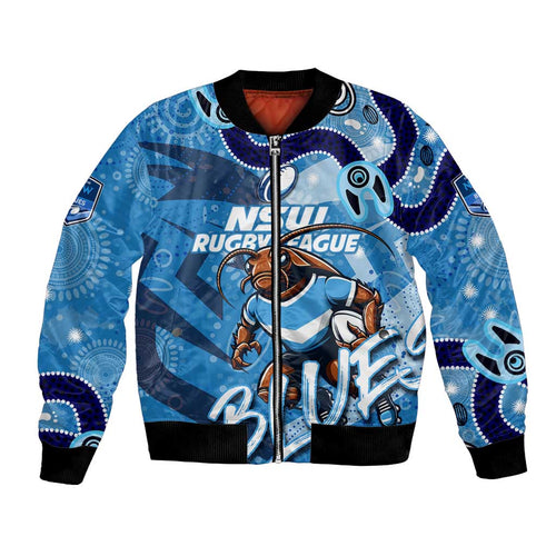 Personalized NSW Rugby League Bomber Jacket Blues Mascot Indigenous