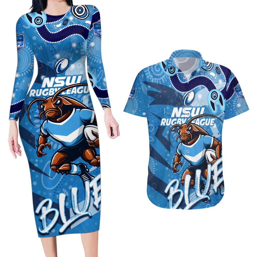 Personalized NSW Rugby League Couples Matching Long Sleeve Bodycon Dress and Hawaiian Shirt Blues Mascot Indigenous