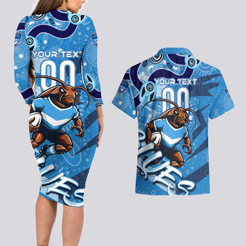 Personalized NSW Rugby League Couples Matching Long Sleeve Bodycon Dress and Hawaiian Shirt Blues Mascot Indigenous