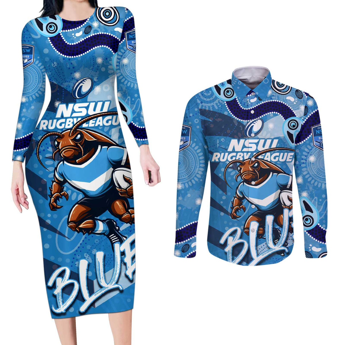 Personalized NSW Rugby League Couples Matching Long Sleeve Bodycon Dress and Long Sleeve Button Shirt Blues Mascot Indigenous