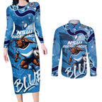Personalized NSW Rugby League Couples Matching Long Sleeve Bodycon Dress and Long Sleeve Button Shirt Blues Mascot Indigenous