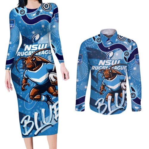 Personalized NSW Rugby League Couples Matching Long Sleeve Bodycon Dress and Long Sleeve Button Shirt Blues Mascot Indigenous