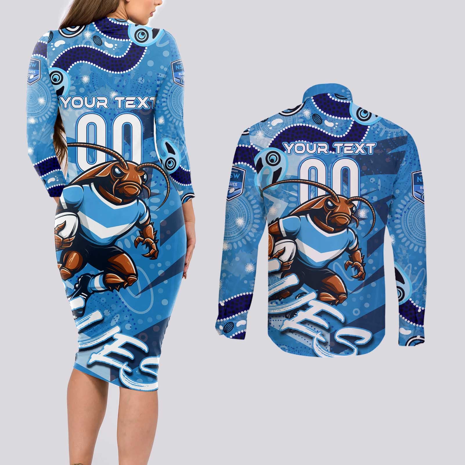 Personalized NSW Rugby League Couples Matching Long Sleeve Bodycon Dress and Long Sleeve Button Shirt Blues Mascot Indigenous