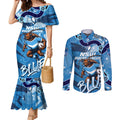 Personalized NSW Rugby League Couples Matching Mermaid Dress and Long Sleeve Button Shirt Blues Mascot Indigenous