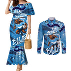 Personalized NSW Rugby League Couples Matching Mermaid Dress and Long Sleeve Button Shirt Blues Mascot Indigenous