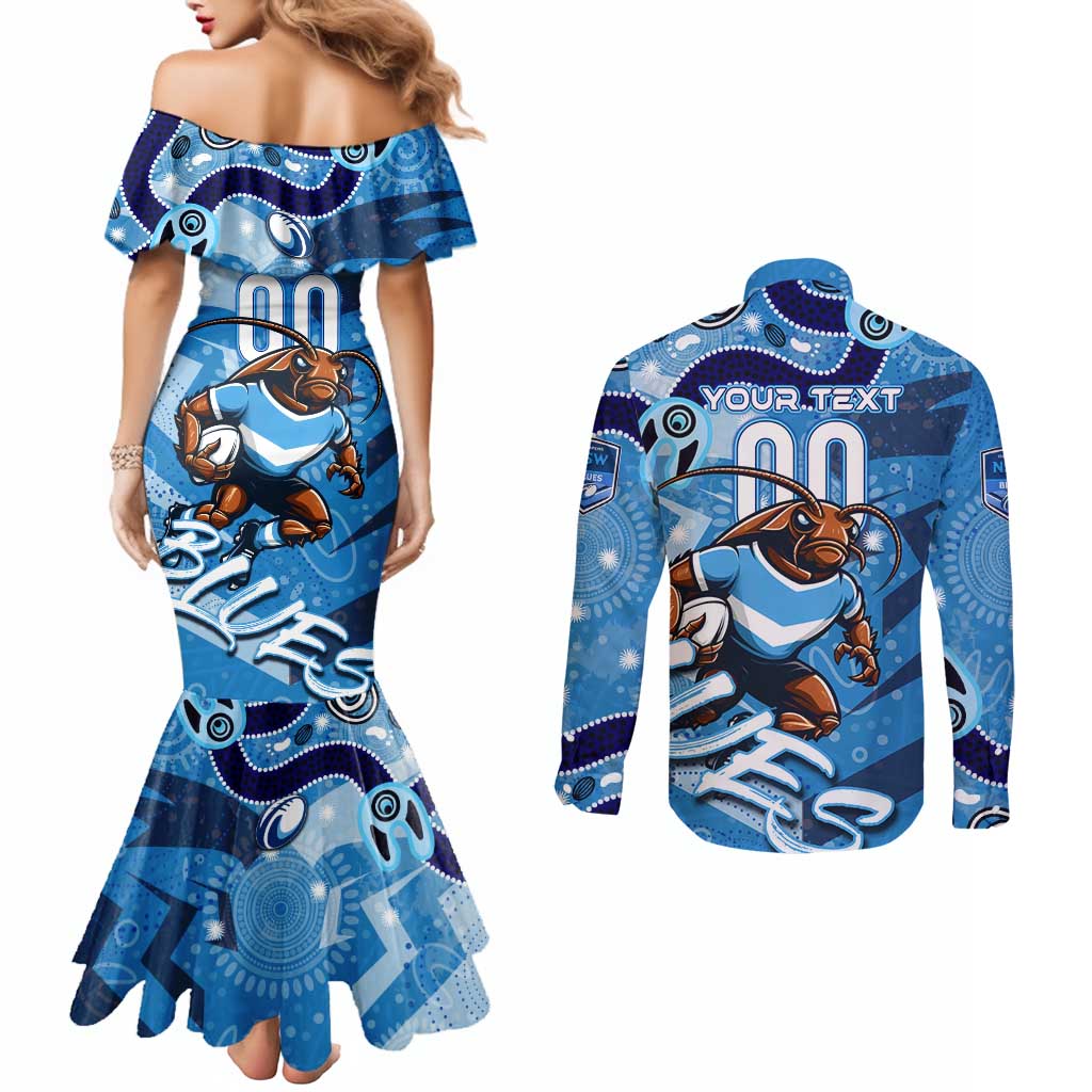Personalized NSW Rugby League Couples Matching Mermaid Dress and Long Sleeve Button Shirt Blues Mascot Indigenous