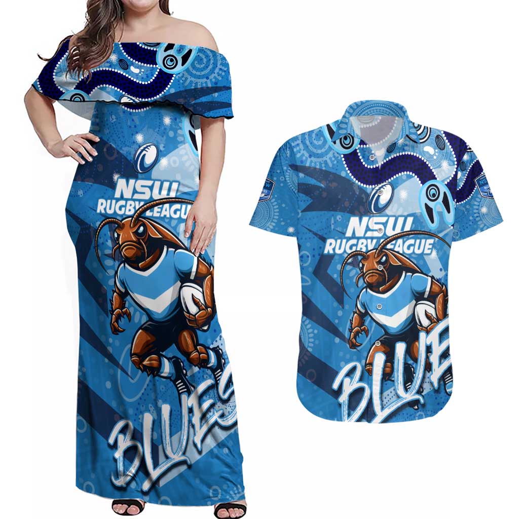 Personalized NSW Rugby League Couples Matching Off Shoulder Maxi Dress and Hawaiian Shirt Blues Mascot Indigenous