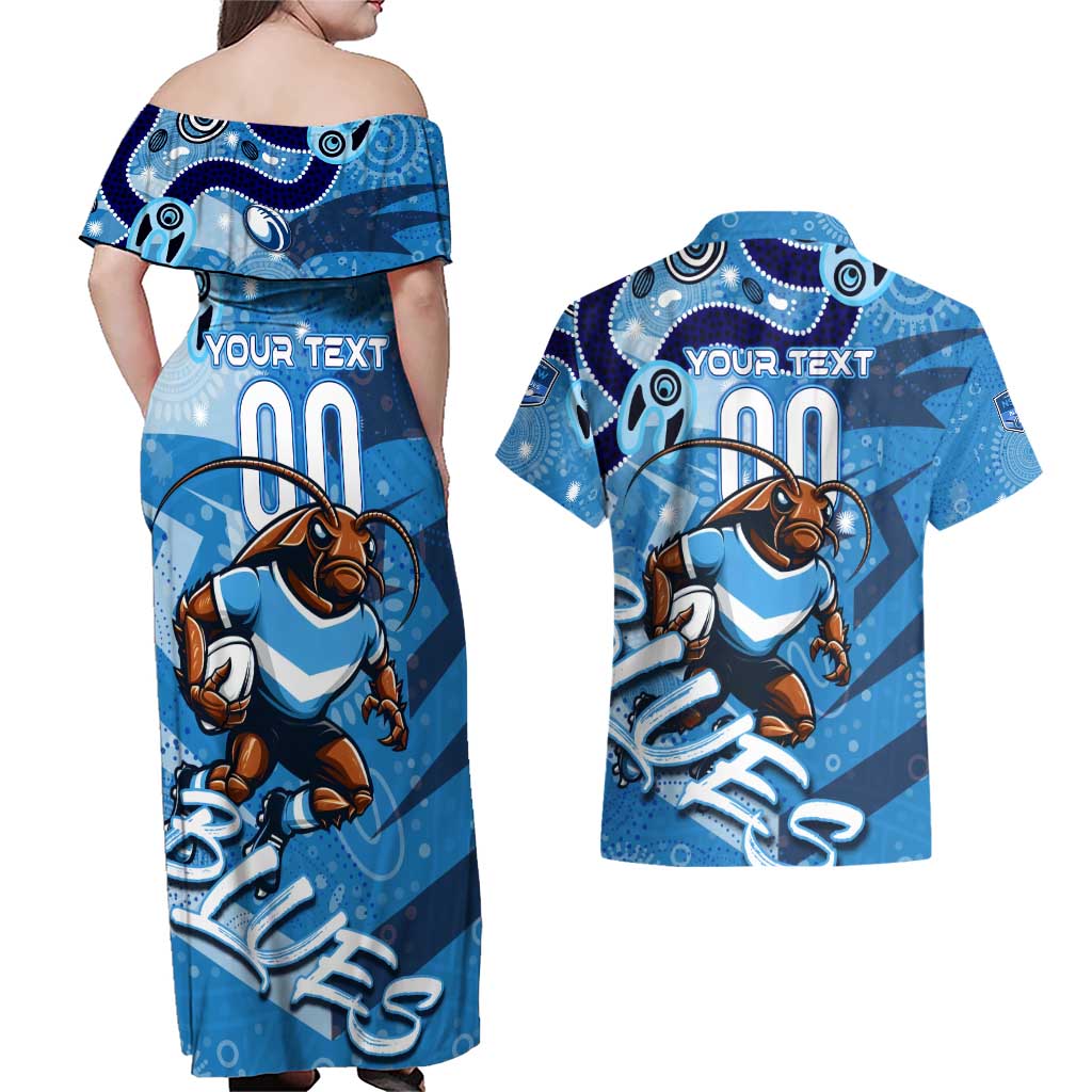 Personalized NSW Rugby League Couples Matching Off Shoulder Maxi Dress and Hawaiian Shirt Blues Mascot Indigenous