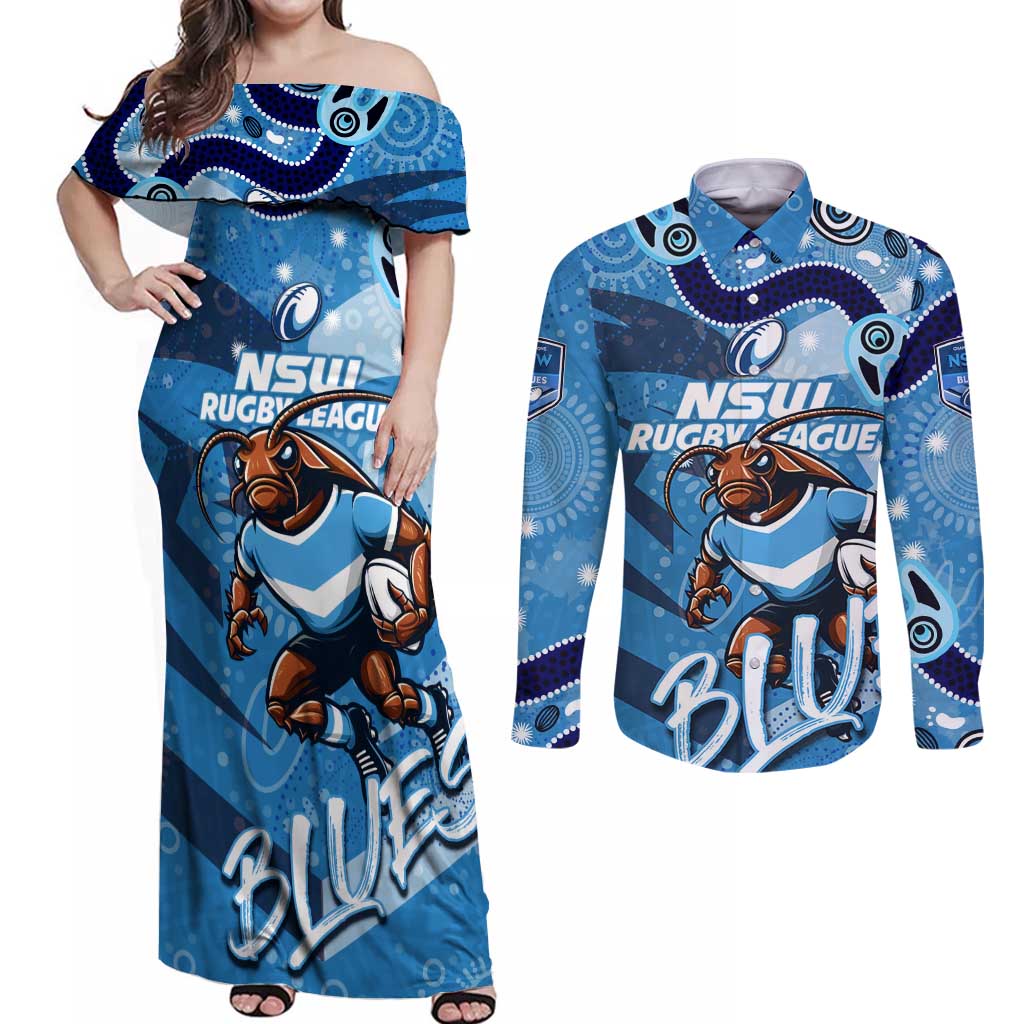 Personalized NSW Rugby League Couples Matching Off Shoulder Maxi Dress and Long Sleeve Button Shirt Blues Mascot Indigenous
