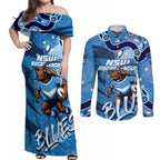 Personalized NSW Rugby League Couples Matching Off Shoulder Maxi Dress and Long Sleeve Button Shirt Blues Mascot Indigenous