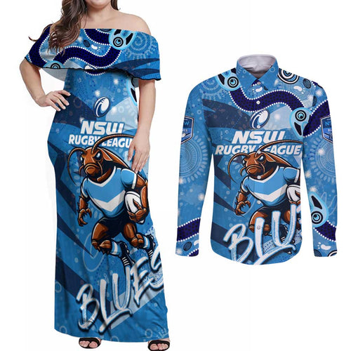 Personalized NSW Rugby League Couples Matching Off Shoulder Maxi Dress and Long Sleeve Button Shirt Blues Mascot Indigenous