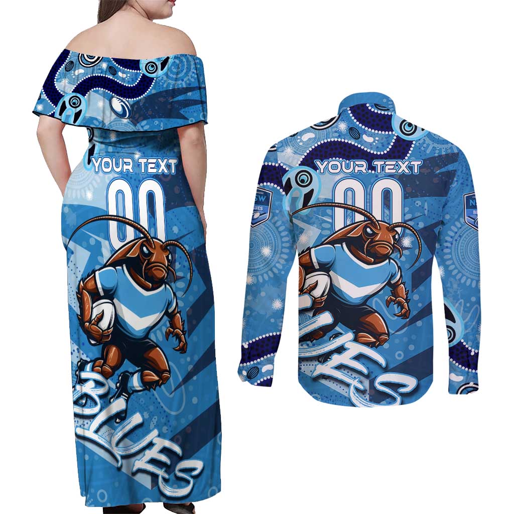 Personalized NSW Rugby League Couples Matching Off Shoulder Maxi Dress and Long Sleeve Button Shirt Blues Mascot Indigenous