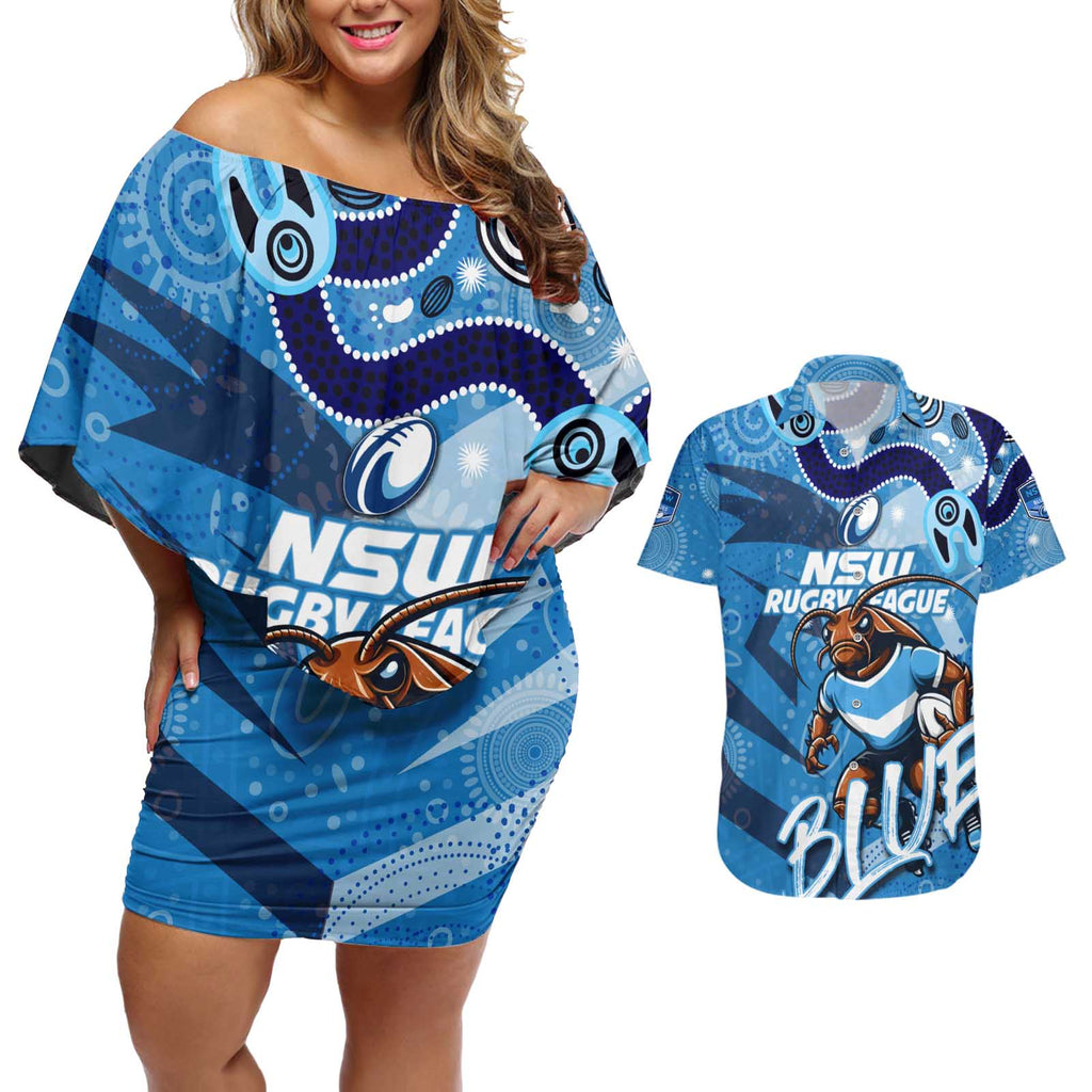 Personalized NSW Rugby League Couples Matching Off Shoulder Short Dress and Hawaiian Shirt Blues Mascot Indigenous