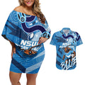 Personalized NSW Rugby League Couples Matching Off Shoulder Short Dress and Hawaiian Shirt Blues Mascot Indigenous