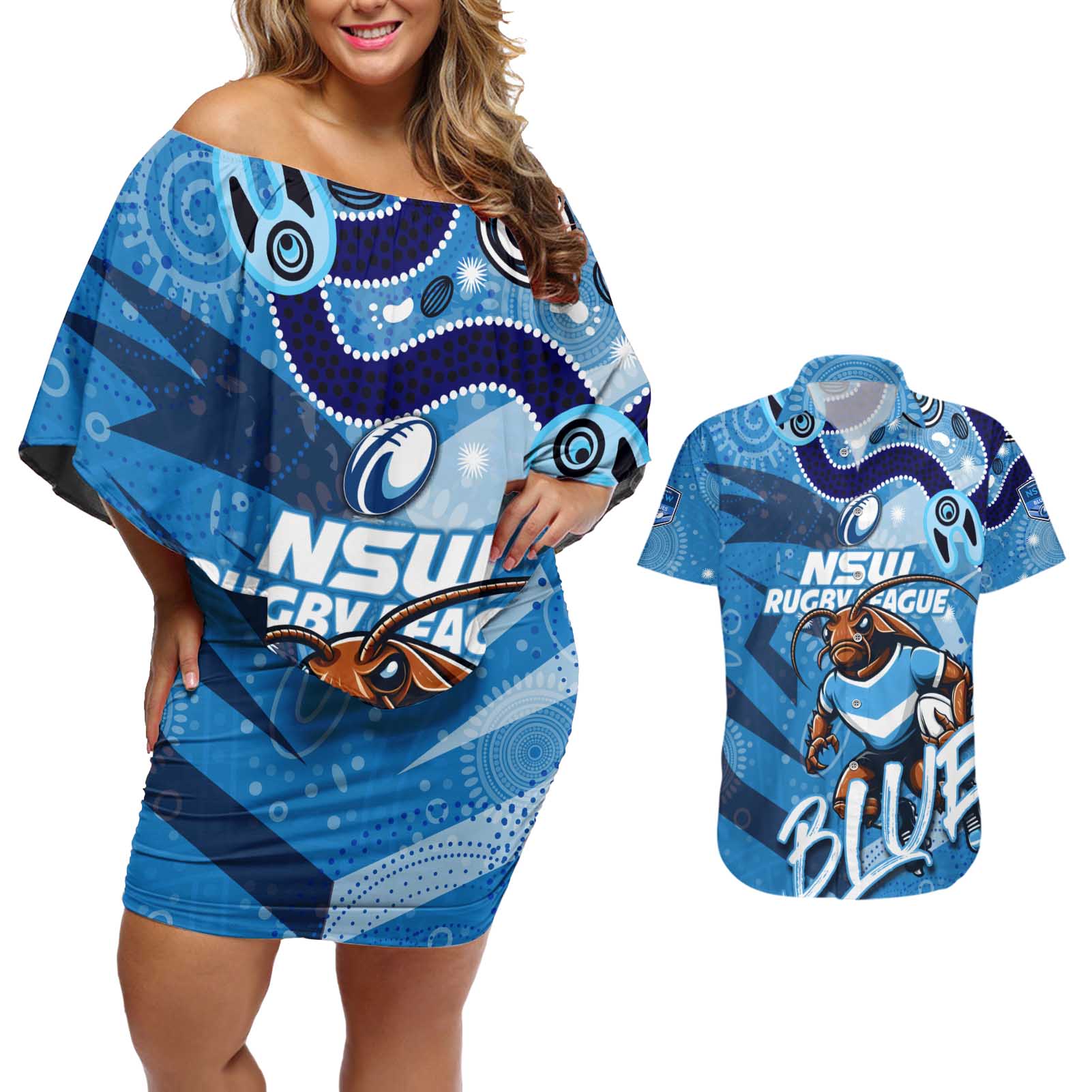 Personalized NSW Rugby League Couples Matching Off Shoulder Short Dress and Hawaiian Shirt Blues Mascot Indigenous