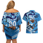 Personalized NSW Rugby League Couples Matching Off Shoulder Short Dress and Hawaiian Shirt Blues Mascot Indigenous