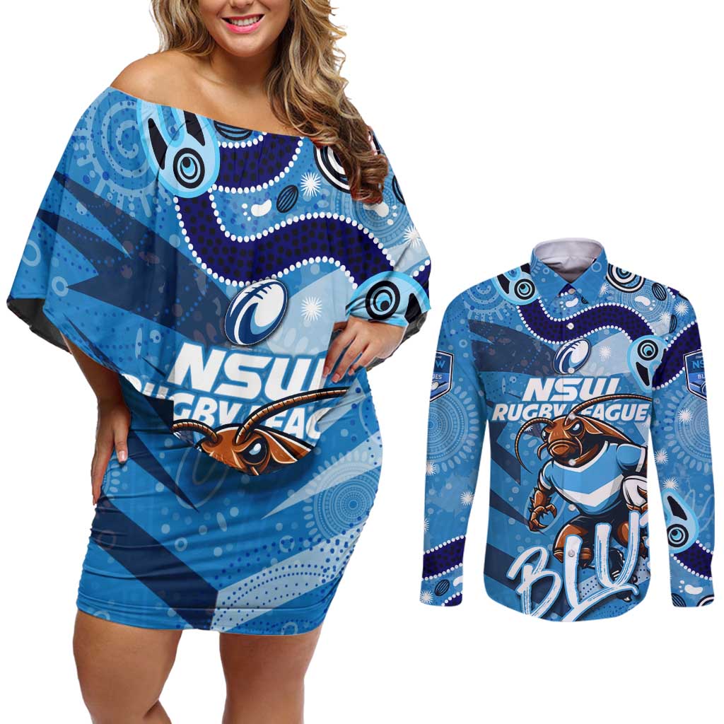 Personalized NSW Rugby League Couples Matching Off Shoulder Short Dress and Long Sleeve Button Shirt Blues Mascot Indigenous