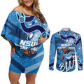 Personalized NSW Rugby League Couples Matching Off Shoulder Short Dress and Long Sleeve Button Shirt Blues Mascot Indigenous