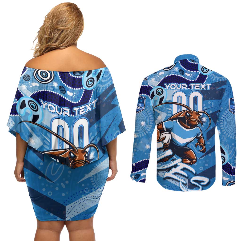 Personalized NSW Rugby League Couples Matching Off Shoulder Short Dress and Long Sleeve Button Shirt Blues Mascot Indigenous