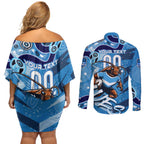 Personalized NSW Rugby League Couples Matching Off Shoulder Short Dress and Long Sleeve Button Shirt Blues Mascot Indigenous