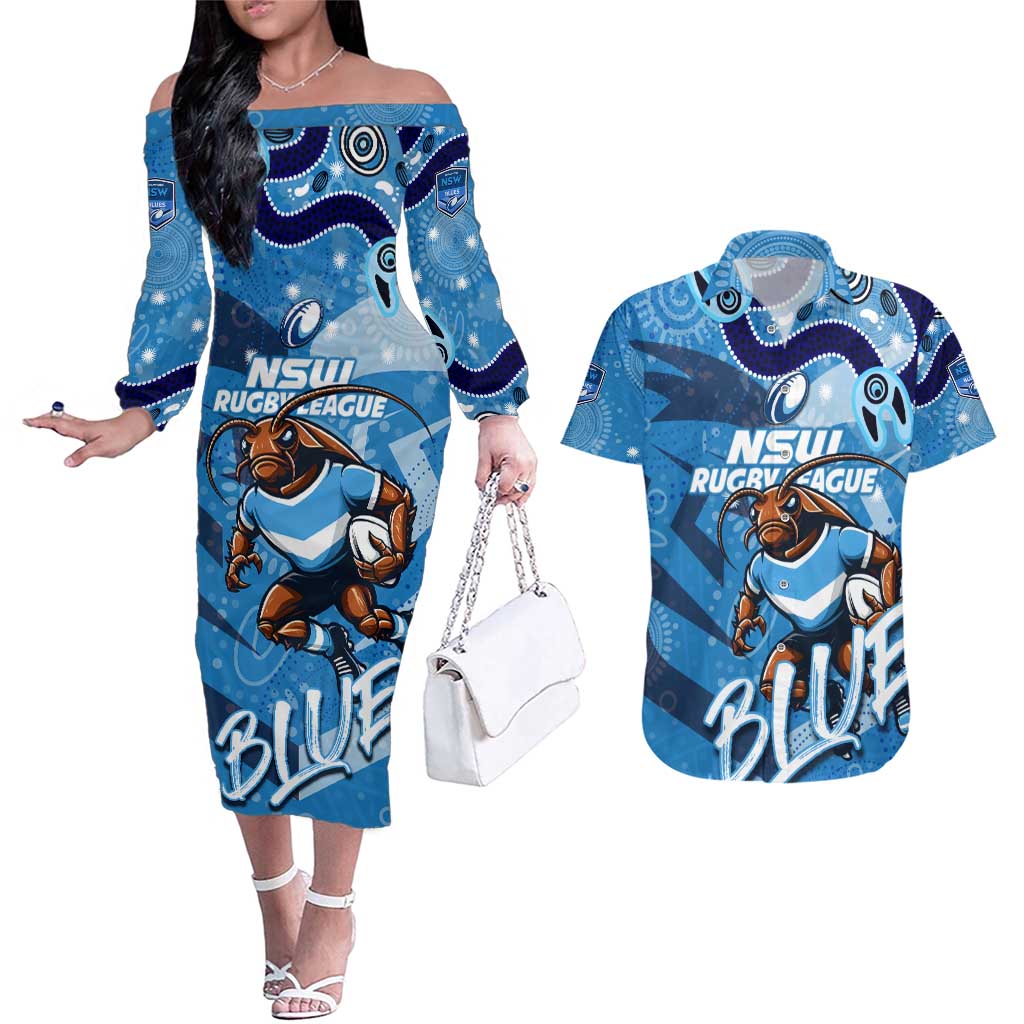 Personalized NSW Rugby League Couples Matching Off The Shoulder Long Sleeve Dress and Hawaiian Shirt Blues Mascot Indigenous
