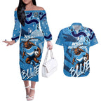 Personalized NSW Rugby League Couples Matching Off The Shoulder Long Sleeve Dress and Hawaiian Shirt Blues Mascot Indigenous