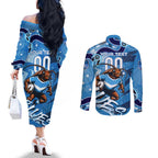 Personalized NSW Rugby League Couples Matching Off The Shoulder Long Sleeve Dress and Long Sleeve Button Shirt Blues Mascot Indigenous