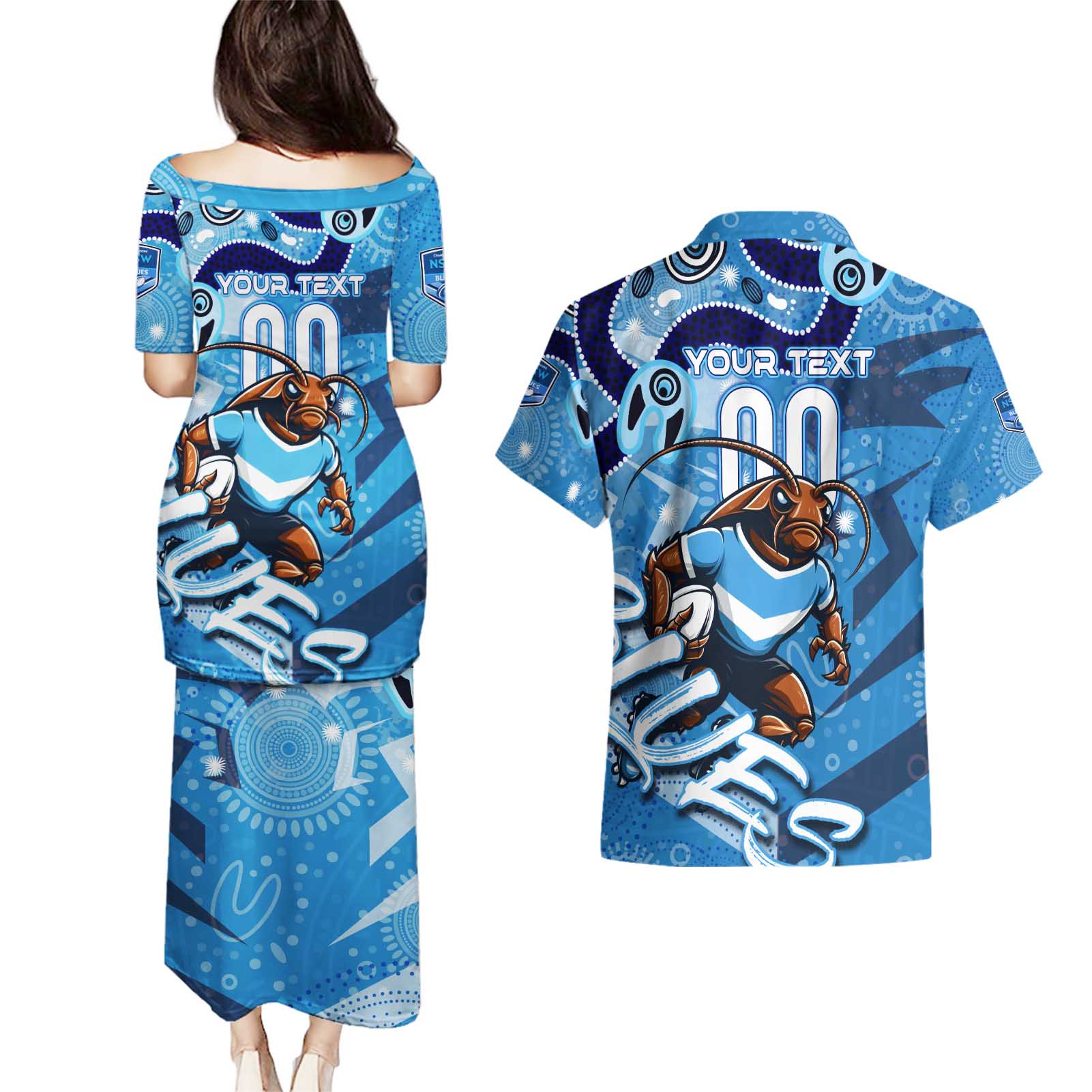 Personalized NSW Rugby League Couples Matching Puletasi and Hawaiian Shirt Blues Mascot Indigenous