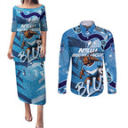 Personalized NSW Rugby League Couples Matching Puletasi and Long Sleeve Button Shirt Blues Mascot Indigenous