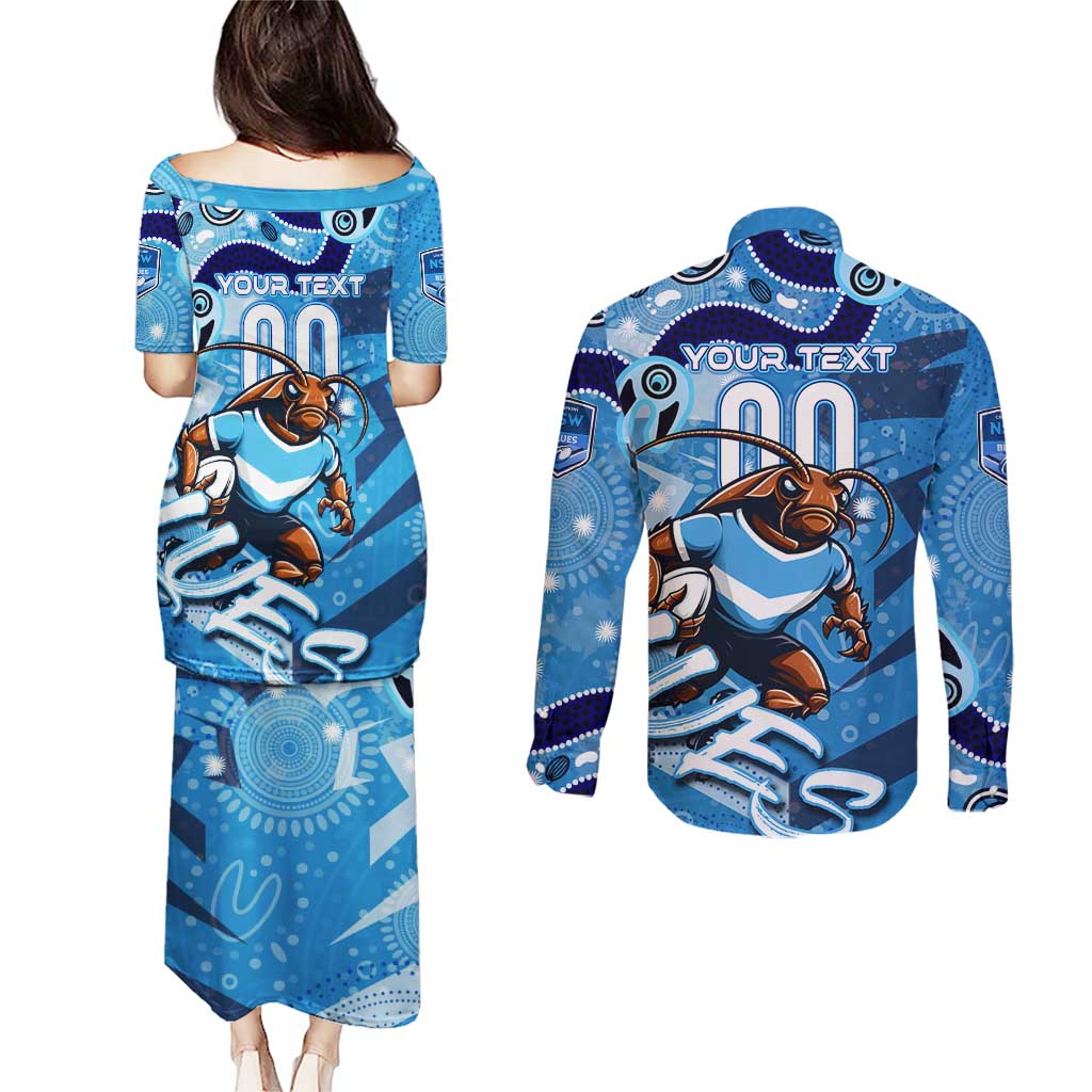 Personalized NSW Rugby League Couples Matching Puletasi and Long Sleeve Button Shirt Blues Mascot Indigenous