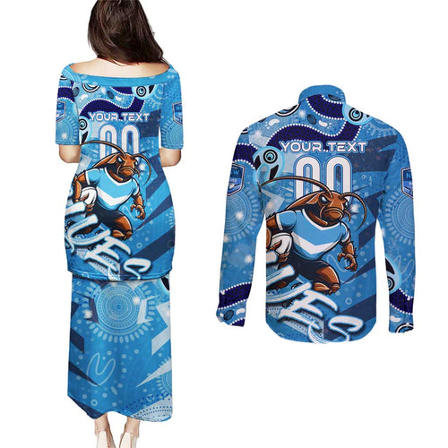 Personalized NSW Rugby League Couples Matching Puletasi and Long Sleeve Button Shirt Blues Mascot Indigenous