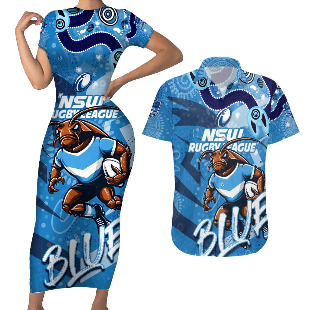 Personalized NSW Rugby League Couples Matching Short Sleeve Bodycon Dress and Hawaiian Shirt Blues Mascot Indigenous
