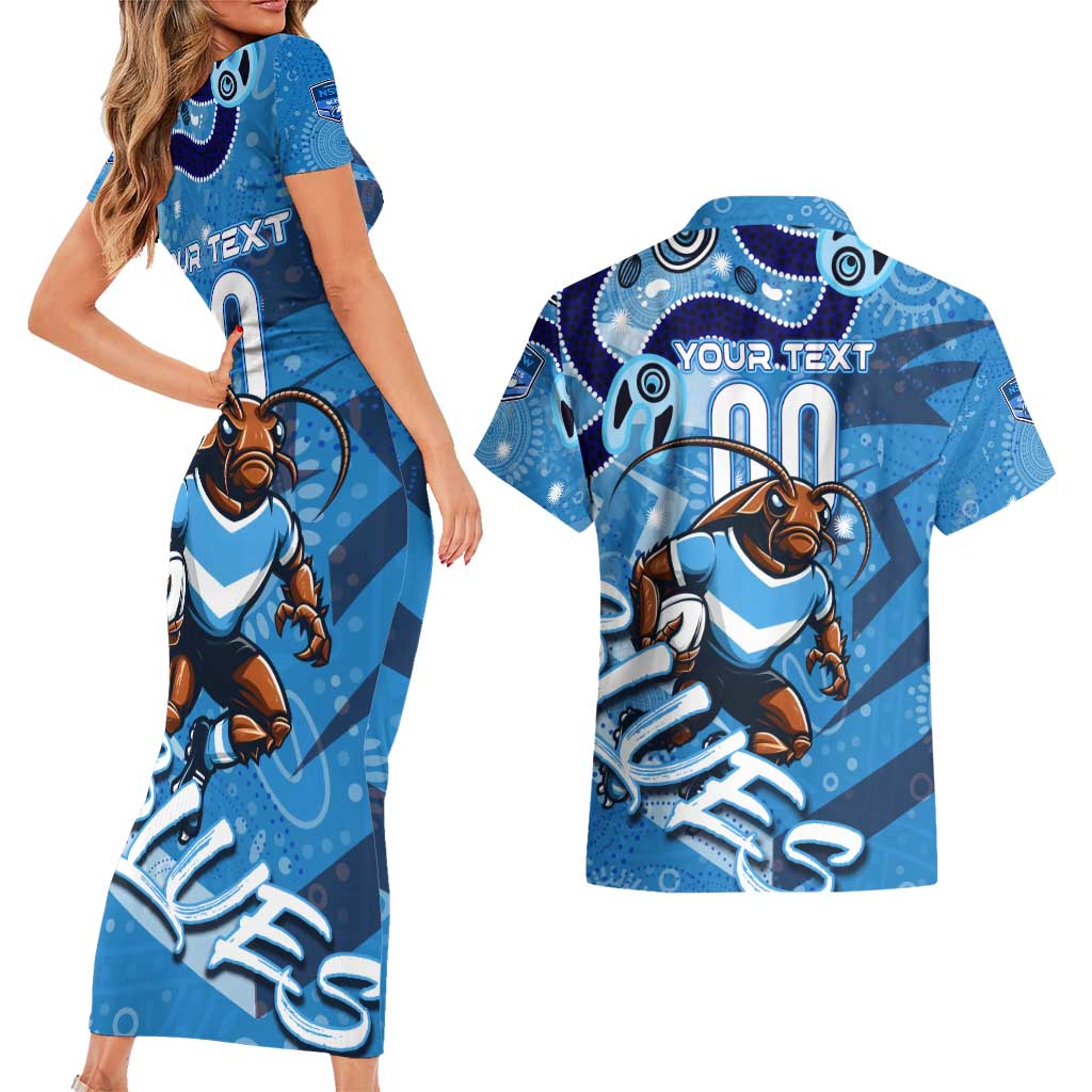 Personalized NSW Rugby League Couples Matching Short Sleeve Bodycon Dress and Hawaiian Shirt Blues Mascot Indigenous