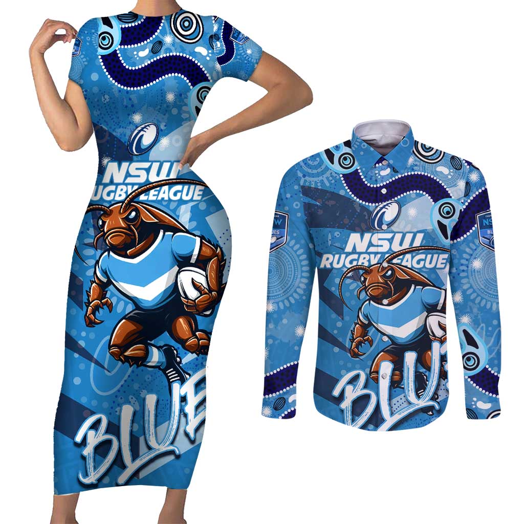 Personalized NSW Rugby League Couples Matching Short Sleeve Bodycon Dress and Long Sleeve Button Shirt Blues Mascot Indigenous