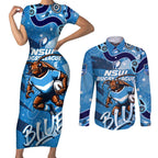 Personalized NSW Rugby League Couples Matching Short Sleeve Bodycon Dress and Long Sleeve Button Shirt Blues Mascot Indigenous