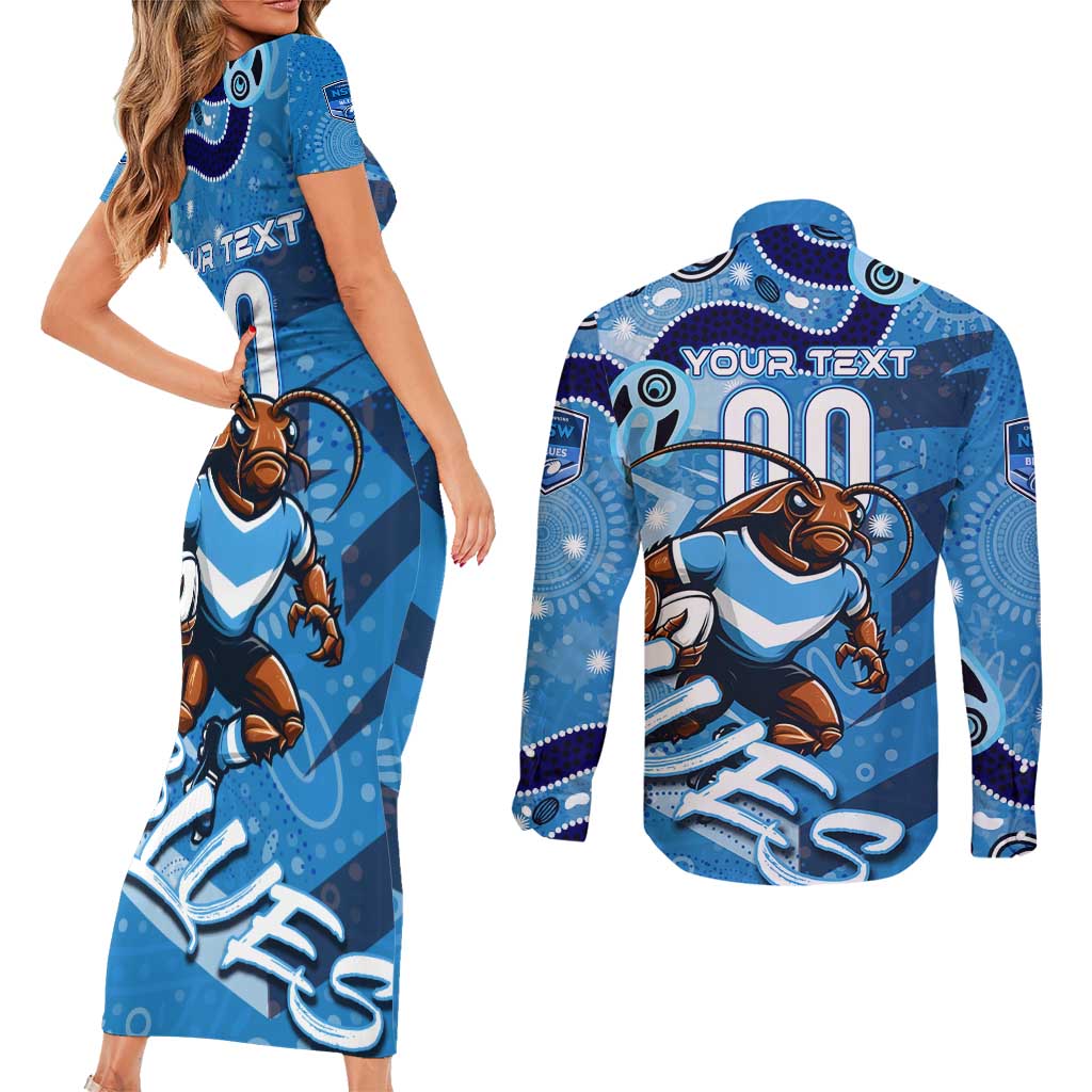Personalized NSW Rugby League Couples Matching Short Sleeve Bodycon Dress and Long Sleeve Button Shirt Blues Mascot Indigenous