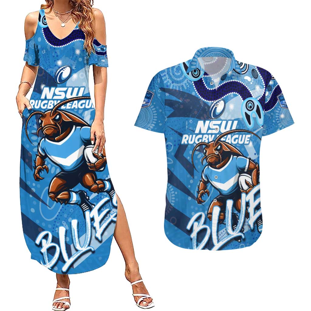Personalized NSW Rugby League Couples Matching Summer Maxi Dress and Hawaiian Shirt Blues Mascot Indigenous