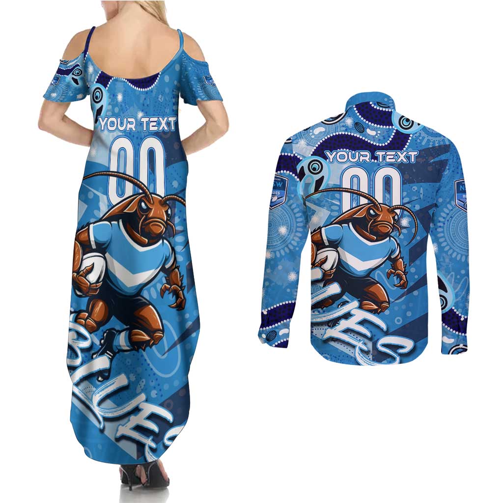 Personalized NSW Rugby League Couples Matching Summer Maxi Dress and Long Sleeve Button Shirt Blues Mascot Indigenous