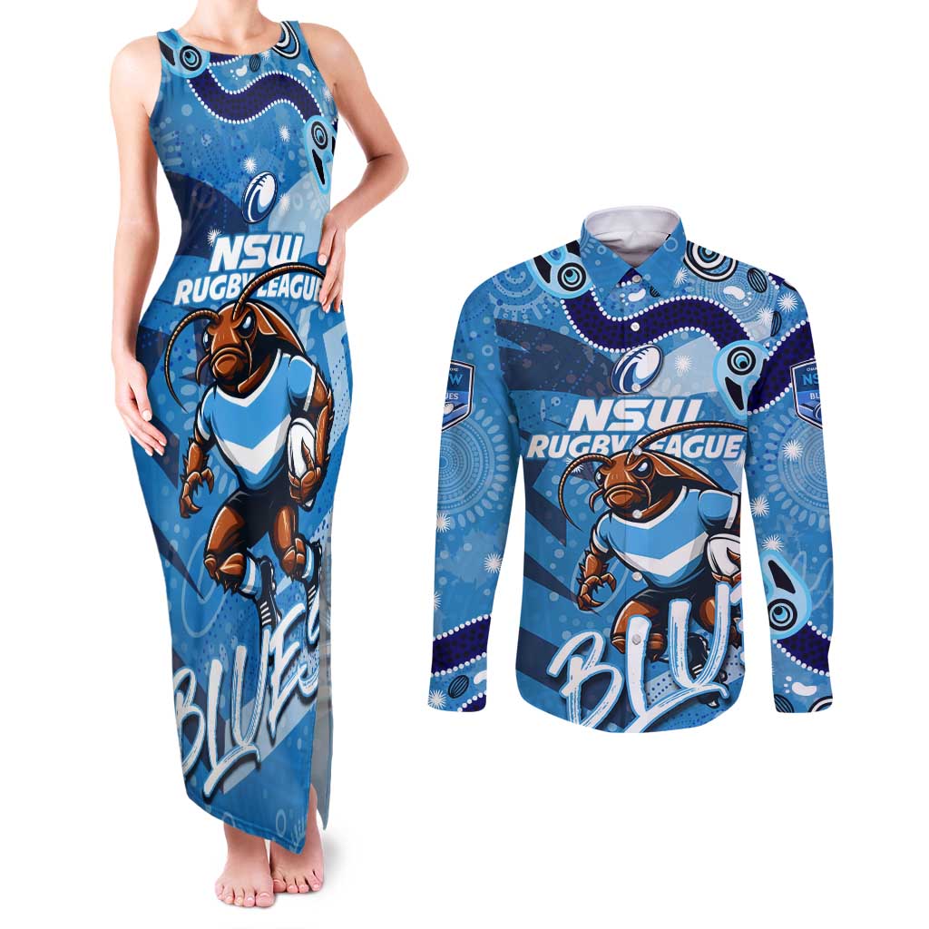 Personalized NSW Rugby League Couples Matching Tank Maxi Dress and Long Sleeve Button Shirt Blues Mascot Indigenous