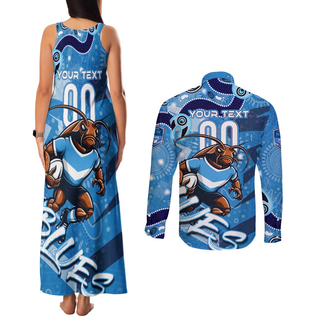 Personalized NSW Rugby League Couples Matching Tank Maxi Dress and Long Sleeve Button Shirt Blues Mascot Indigenous