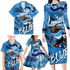Personalized NSW Rugby League Family Matching Long Sleeve Bodycon Dress and Hawaiian Shirt Blues Mascot Indigenous