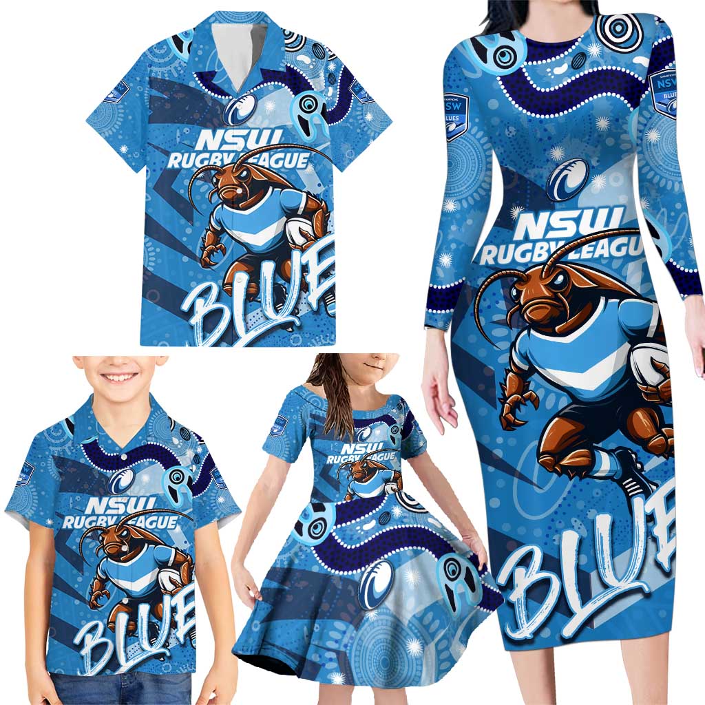 Personalized NSW Rugby League Family Matching Long Sleeve Bodycon Dress and Hawaiian Shirt Blues Mascot Indigenous