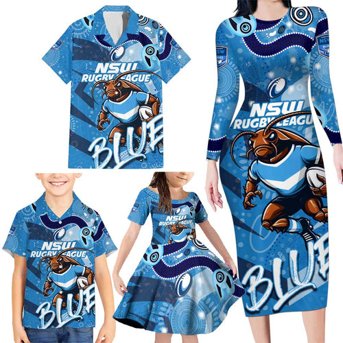 Personalized NSW Rugby League Family Matching Long Sleeve Bodycon Dress and Hawaiian Shirt Blues Mascot Indigenous