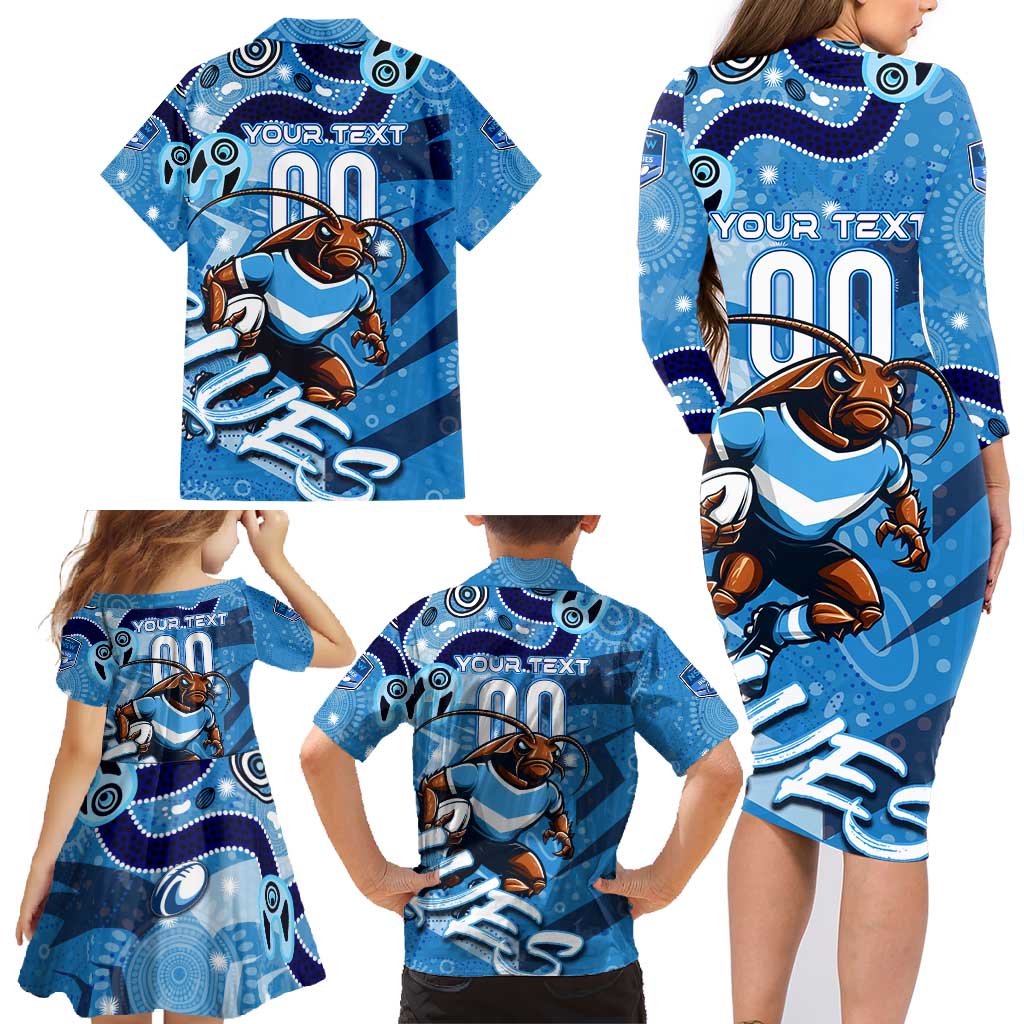 Personalized NSW Rugby League Family Matching Long Sleeve Bodycon Dress and Hawaiian Shirt Blues Mascot Indigenous