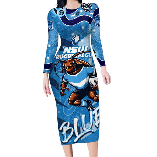 Personalized NSW Rugby League Family Matching Long Sleeve Bodycon Dress and Hawaiian Shirt Blues Mascot Indigenous